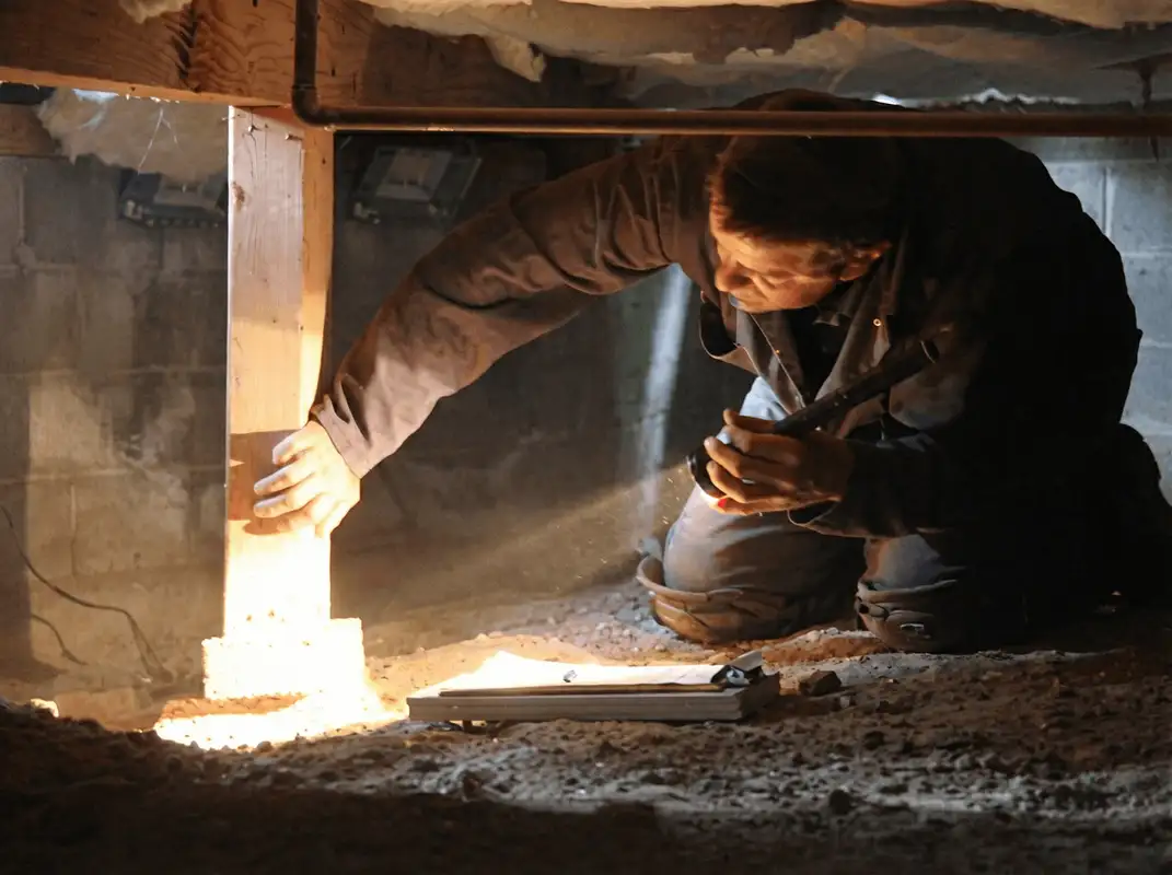 A professional inspecting wooden beams under the floor of a structure in Savannah, GA